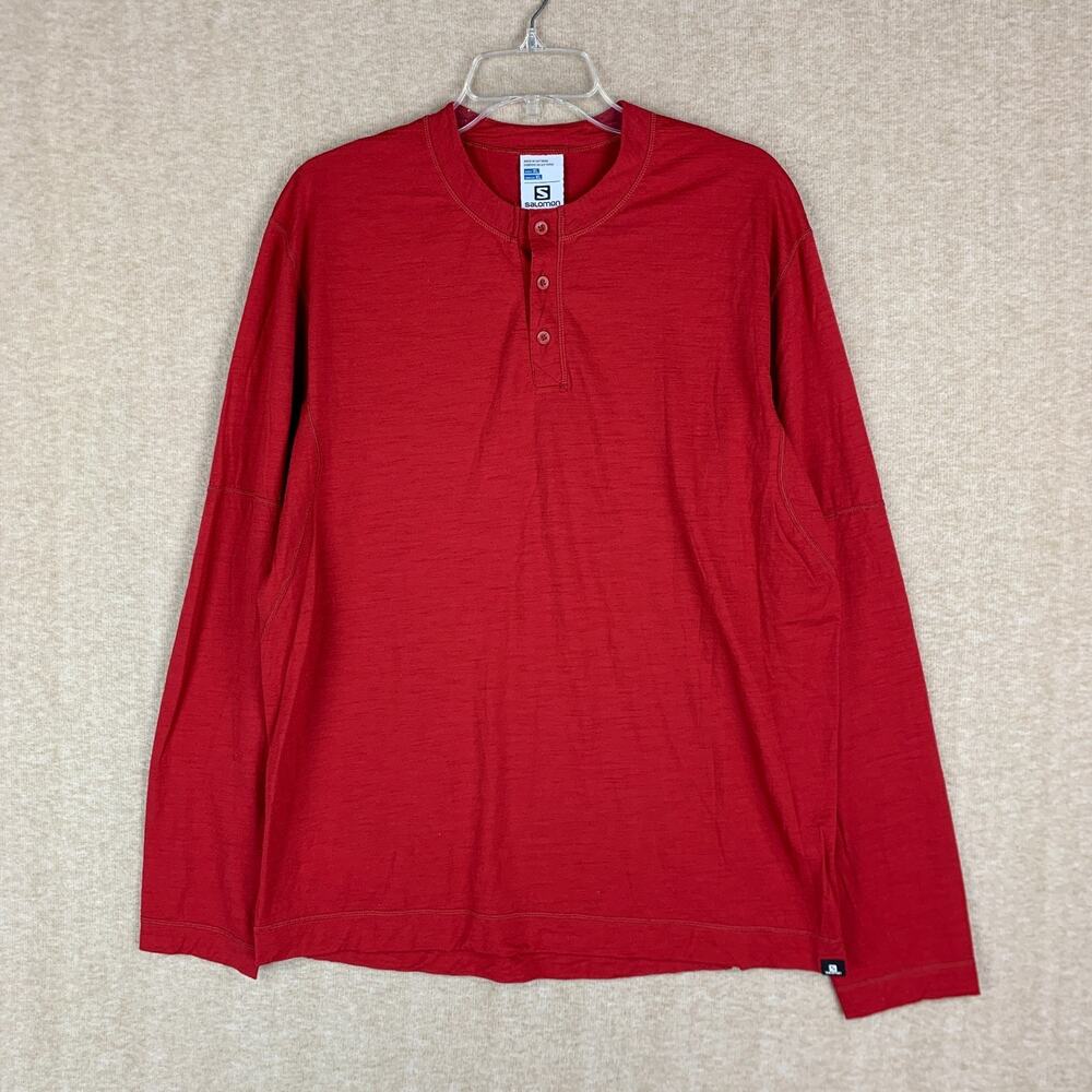 Salomon Base Layer Shirt Mens XL 100% Wool Red Henley Thermal Long Sleeve
